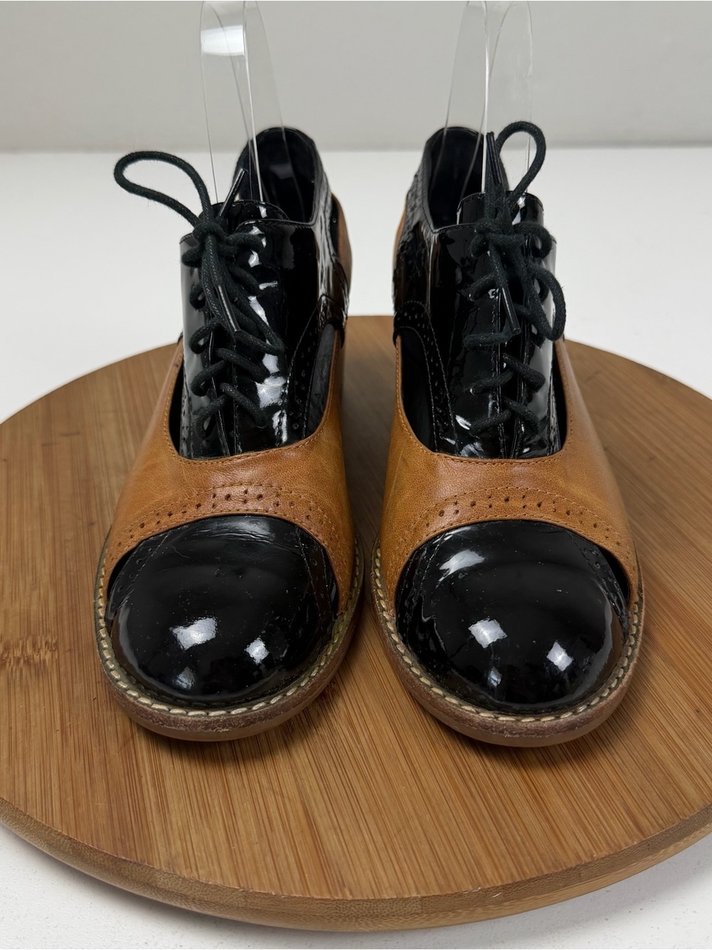 Jeffrey Campbell Ibiza Two-Tone Black and Brown Lace-Up Open-Toe Heel Oxfords - Picture 2 of 10